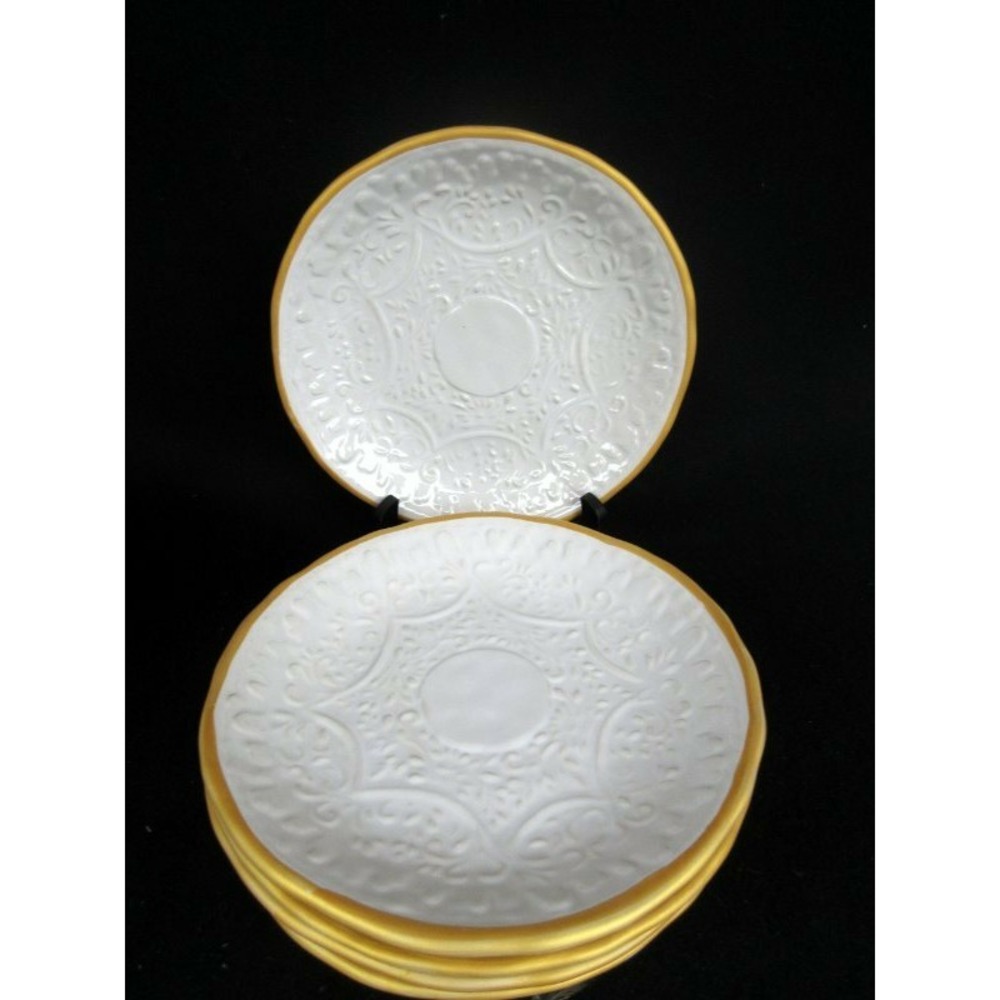 Pottery Barn Soulful Set of 5 Salad/Dessert Plates White Embossed Floral Gold Ri